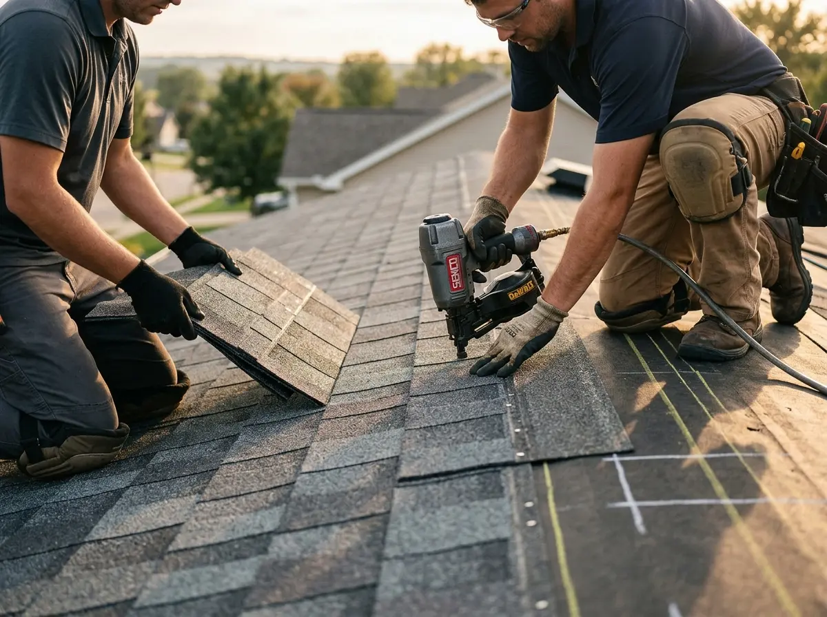 Professional roofer working on a residential roof in Allendale